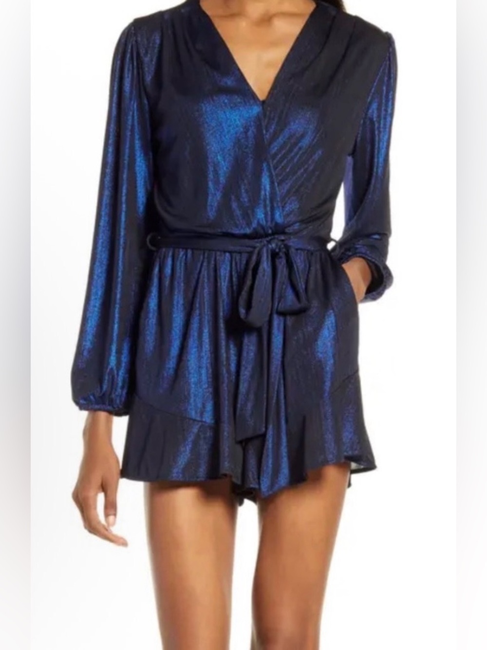 Fraiche by J Glitter Flair Ruffle Long Sleeve Tie Waist Romper - NWT - Size S